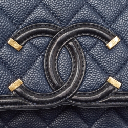 Pre Owned Chanel Navy Blue/Black Caviar Leather Medium CC Filigree Flap Bag