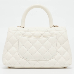 Pre Owned Chanel White Quilted Caviar Leather Mini Coco Top Handle Bag