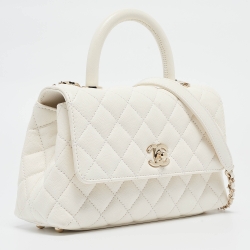 Pre Owned Chanel White Quilted Caviar Leather Mini Coco Top Handle Bag