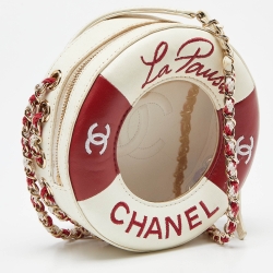 Pre Owned Chanel Red/White Leather Coco Lifesaver Round Crossbody Bag
