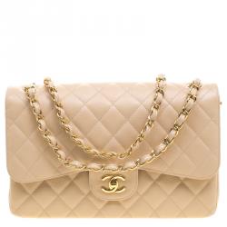 Pre Owned Chanel Beige Quilted Leather Jumbo Classic Double Flap Bag