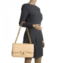 Pre Owned Chanel Beige Quilted Leather Jumbo Classic Double Flap Bag