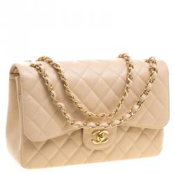 Pre Owned Chanel Beige Quilted Leather Jumbo Classic Double Flap Bag
