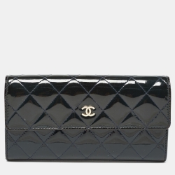Pre Owned Chanel Navy Blue Quilted Patent Leather Continental Wallet