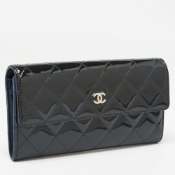 Pre Owned Chanel Navy Blue Quilted Patent Leather Continental Wallet