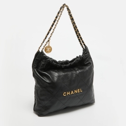 Pre Owned Chanel Black Quilted Leather Medium 22 Hobo