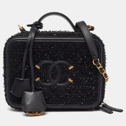 Pre Owned Chanel Black Quilted Tweed and Leather CC Filigree Chain Vanity Case Bag