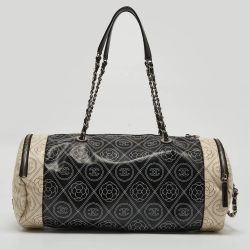 Pre Owned Chanel Black/White Camellia Print Coated Canvas Bowler Bag