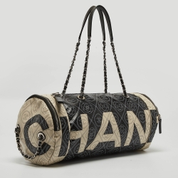 Pre Owned Chanel Black/White Camellia Print Coated Canvas Bowler Bag