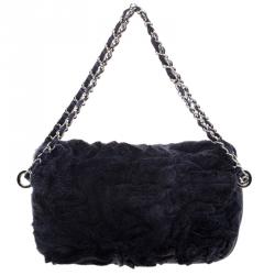 Pre Owned حقيبة شانيل قلاب كلاسيك جلد وفرو أرنب زرقاء كحلية