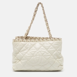 Pre Owned Chanel Off White Quilted Glazed Leather Small Chain Me Tote