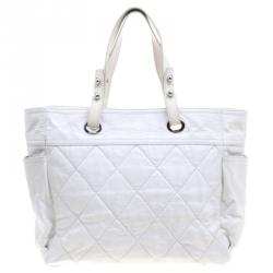 Pre Owned حقيبة يد شانيل باريس بياريتز كبيرة كانفاس مقوى مبطنة بيضاء