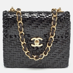 Pre Owned Chanel Black Glazed Wicker Mini Vintage Flap Bag 