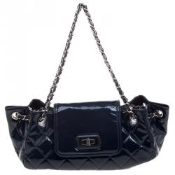 Pre Owned Chanel Navy Blue Quilted Patent Leather Reissue Accordion Flap Bag