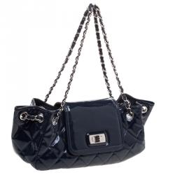 Pre Owned Chanel Navy Blue Quilted Patent Leather Reissue Accordion Flap Bag