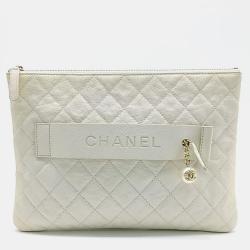 Pre Owned Chanel Metal Light Yellow Caviar Leather Clutch Bag