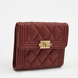 Pre Owned Chanel Burgundy Quilted Caviar Leather Boy Compact Wallet