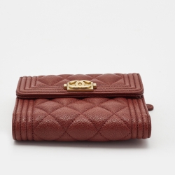 Pre Owned Chanel Burgundy Quilted Caviar Leather Boy Compact Wallet