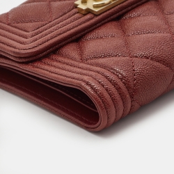 Pre Owned Chanel Burgundy Quilted Caviar Leather Boy Compact Wallet