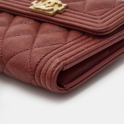 Pre Owned Chanel Burgundy Quilted Caviar Leather Boy Compact Wallet