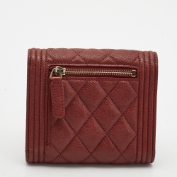 Pre Owned Chanel Burgundy Quilted Caviar Leather Boy Compact Wallet
