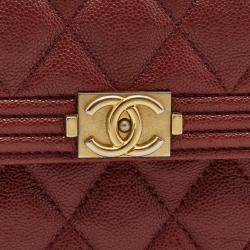 Pre Owned Chanel Burgundy Quilted Caviar Leather Boy Compact Wallet