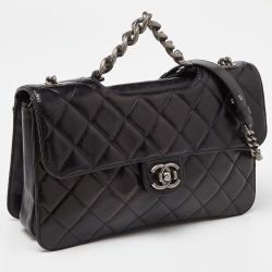Pre Owned Chanel Black Quilted Glossy Leather Large Perfect Edge Flap Bag