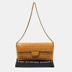 Pre Owned Chanel Beige Chocolate Bar Quilted Leather East West Flap Bag