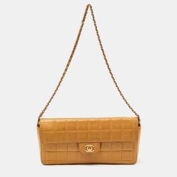 Pre Owned Chanel Beige Chocolate Bar Quilted Leather East West Flap Bag