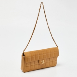 Pre Owned Chanel Beige Chocolate Bar Quilted Leather East West Flap Bag