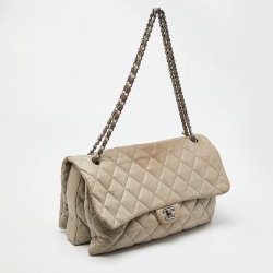 Pre Owned Chanel Grey Quilted Leather Maxi 3 Accordion Flap Bag