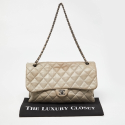 Pre Owned Chanel Grey Quilted Leather Maxi 3 Accordion Flap Bag