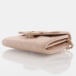 Pre Owned Chanel Beige Quilted Caviar Small Classic Flap Clutch with Chain 