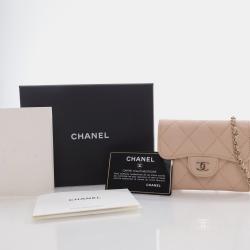 Pre Owned Chanel Beige Quilted Caviar Small Classic Flap Clutch with Chain 