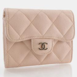 Pre Owned Chanel Beige Quilted Caviar Small Classic Flap Clutch with Chain 