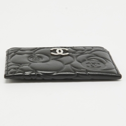 Pre Owned Chanel Black Camellia Embossed Leather CC Card Holder