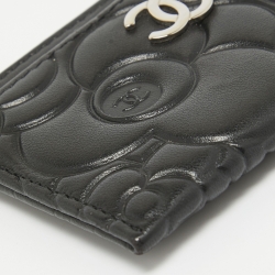 Pre Owned Chanel Black Camellia Embossed Leather CC Card Holder