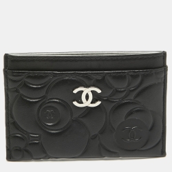 Pre Owned Chanel Black Camellia Embossed Leather CC Card Holder