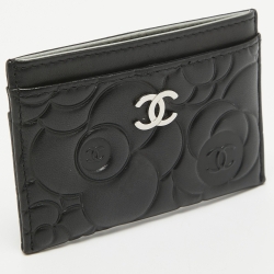 Pre Owned Chanel Black Camellia Embossed Leather CC Card Holder