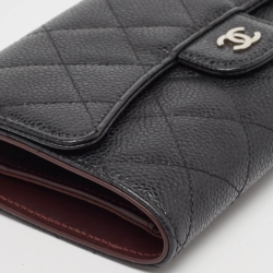 Chanel Black Quilted Caviar Leather Classic Tri Fold Continental Wallet