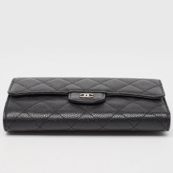 Chanel Black Quilted Caviar Leather Classic Tri Fold Continental Wallet