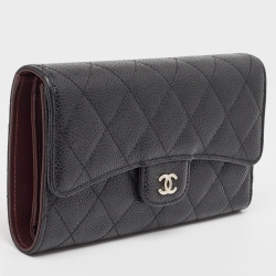 Chanel Black Quilted Caviar Leather Classic Tri Fold Continental Wallet