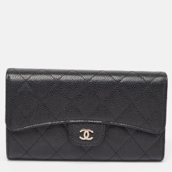Chanel Black Quilted Caviar Leather Classic Tri Fold Continental Wallet