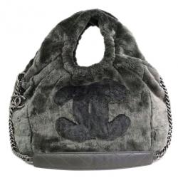 Pre Owned Chanel Grey Pile Fabric CC Hobo