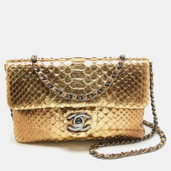 Pre Owned Chanel Two Tone Gold Python flap Chain Clutch
