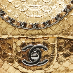 Pre Owned Chanel Two Tone Gold Python flap Chain Clutch