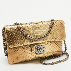 Pre Owned Chanel Two Tone Gold Python flap Chain Clutch
