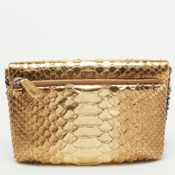 Pre Owned Chanel Two Tone Gold Python flap Chain Clutch