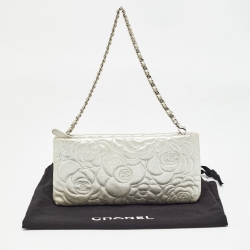 Pre Owned Chanel Silver Leather Camellia Pochette
