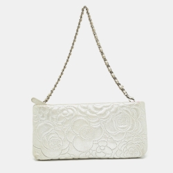 Pre Owned Chanel Silver Leather Camellia Pochette